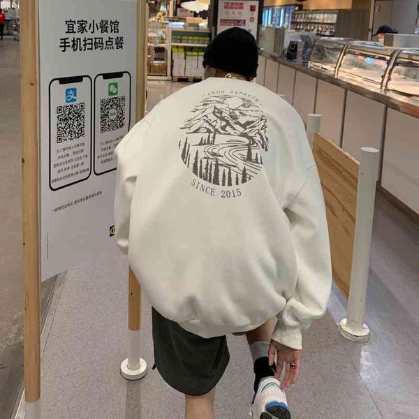 

spring 2021 new pullover sweater men's loose snow mountain scenery print round neck coat simple top, Black