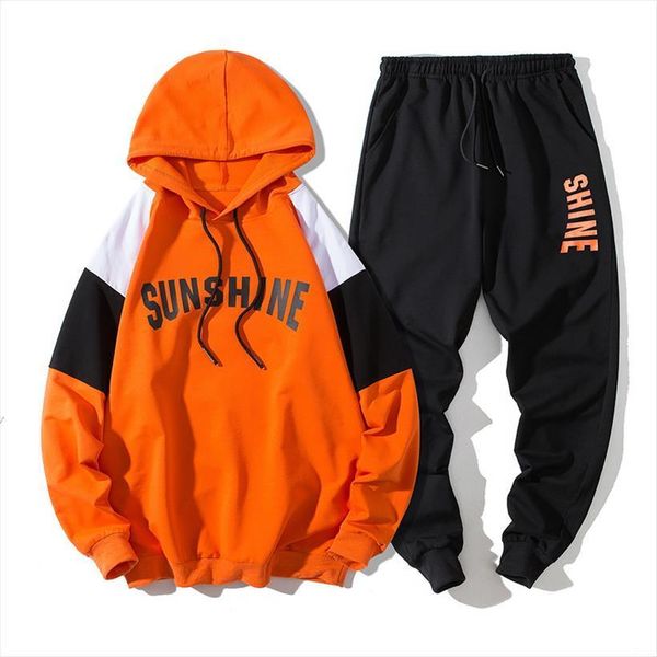 

autumn set hoodie sweatpants mens tracksuit contrast color letter print fashion hooded joggers pant casual male, Gray