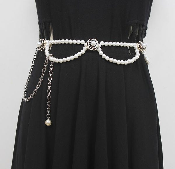 

belts women's runway fashion pearl knitted chain cummerbunds female dress corsets waistband decoration narrow belt r2783, Black;brown