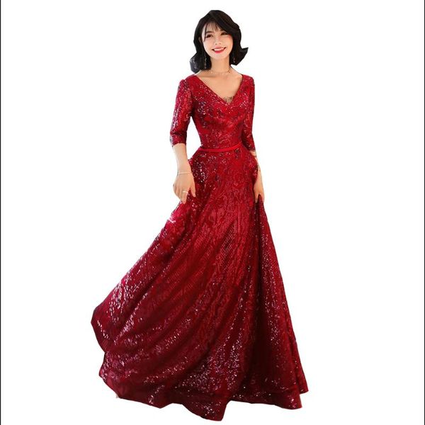 

party dresses arrive wine red lace back sequins v neck half sleeves elegant evening dress floor length gown gowns, White;black