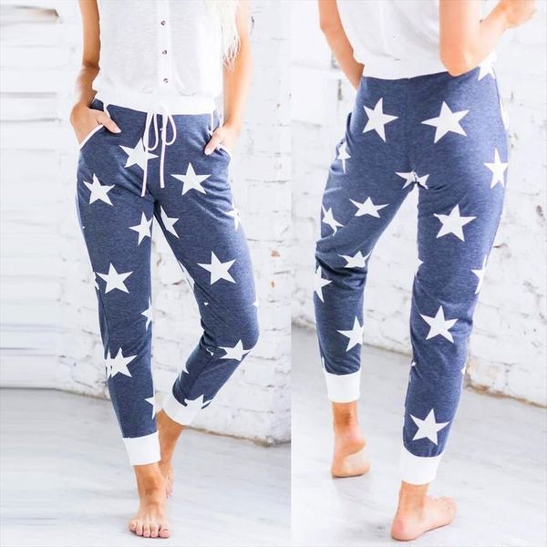 

fashion star printed elastic womens pants middle waisted drawstring casual plus size home long trousers, Black;white
