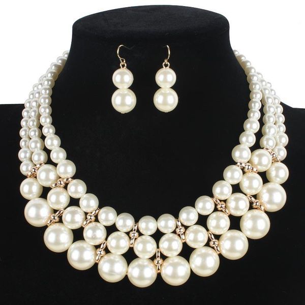 

earrings & necklace vintage women jewelry sets multi layer imitation pearls choker bib chunky for wedding party gift, Silver