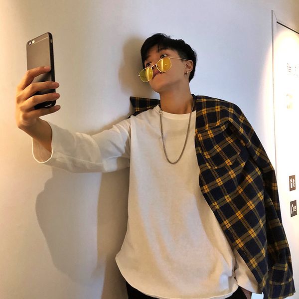 

fashion trend men's all-match solid color t-shirt spring round neck pullover long sleeve t-shirt trend men's loose color base shir, White;black