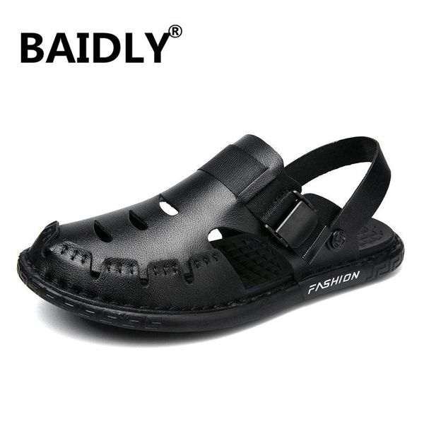 

sandals summer men leather classic roman slipper outdoor sneakers beach rubber slippers water trekking footwear, Black