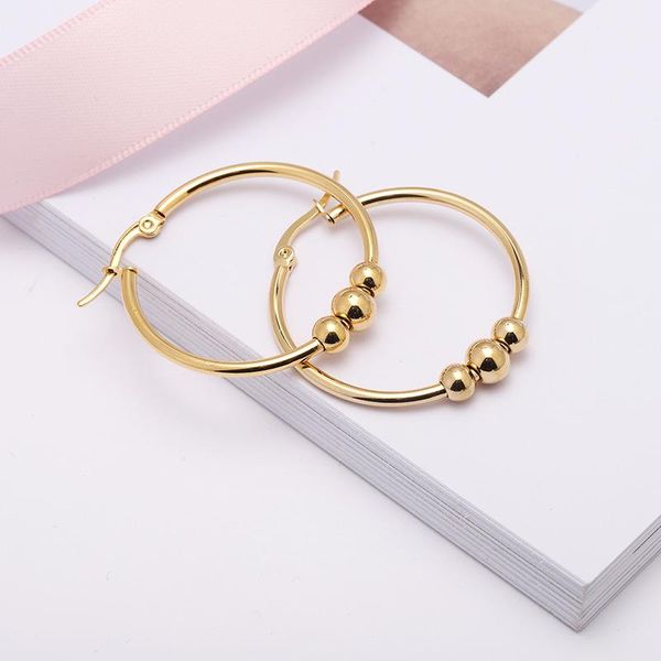 

hoop & huggie gold-color ip plating 316 stainless steel circular round 30mm 3 ball earrings no fade allergy classical brief style, Golden;silver