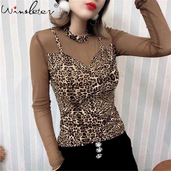 

t shirt women leopard casual tshirt spring long sleeve korean lace partchwork t-shirt camiseta feminina t02905b 210421, Black;gray