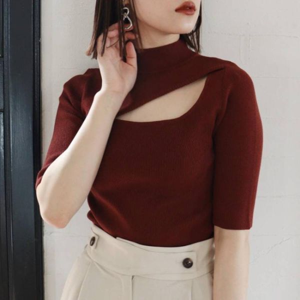 

women's sweaters hollow out chic knitted pullobers women 2021 mock neck designed fashion sweater soft fall slim jumpers femme, White;black