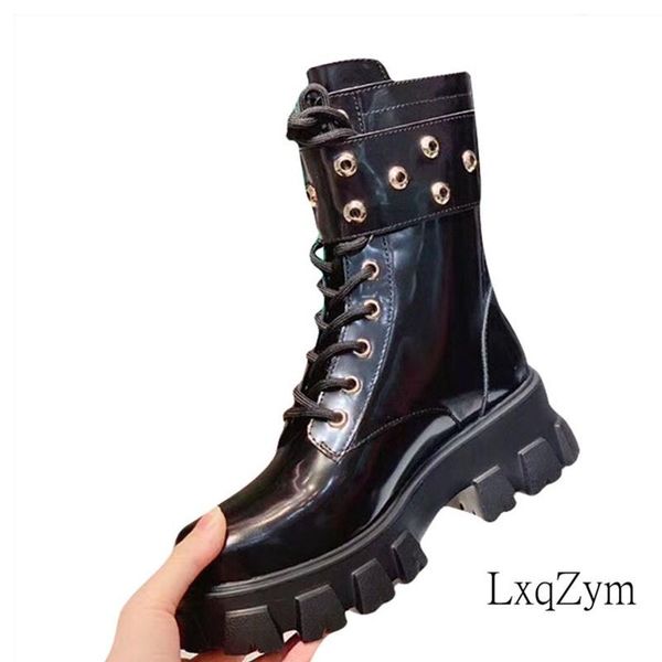 

boots 2021 fashion brand women's real leather lace up knight street style rivets buckle ankle ins, Black