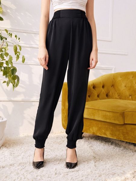 

solid shirred hem carrot pants p2za#, Black;white