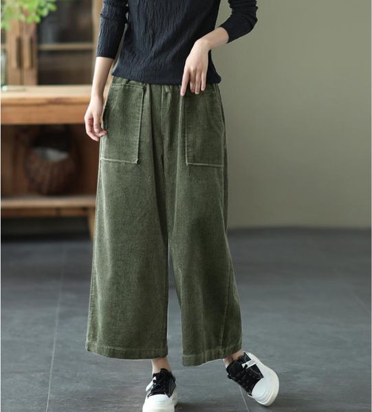 

women's pants & capris women autumn casual loose corduroy trousers 2021 ladies retro elastic waist drawstring pocket wide leg, Black;white