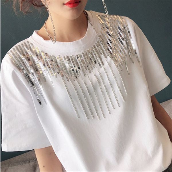 

polo women's short-sleeved t-shirt wild heavy industry loose personality beaded sequins ins women, White