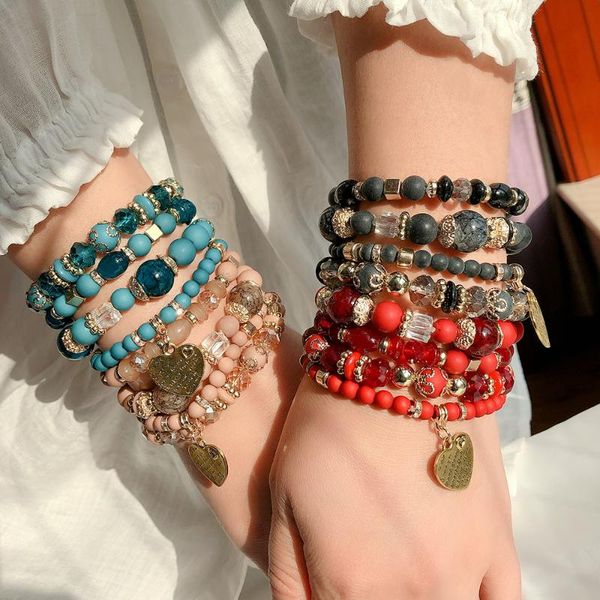 

bangle women trendy crystal beads bracelets 4pcs set gold color heart charm elastic bangles femme vacation party jewelry, Black