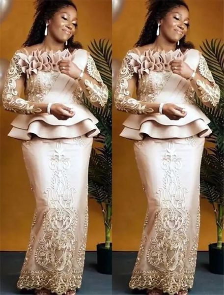 

arabic aso ebi style mermaid prom dresses 2022 pink satin long sleeves lace appliques plus size formal evening occasion gowns robe de soiree, Black