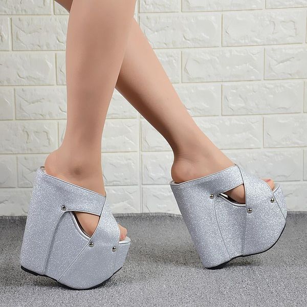 

slippers glitter sequins 20cm 19cm hate sky high platform heel sandals women's shoes spring and summer 2021, Black