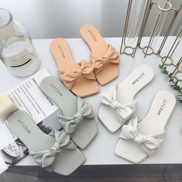 

slippers simple square head pure color bow one word women's shoes casual and versatile in spring 2021 women cute, Black