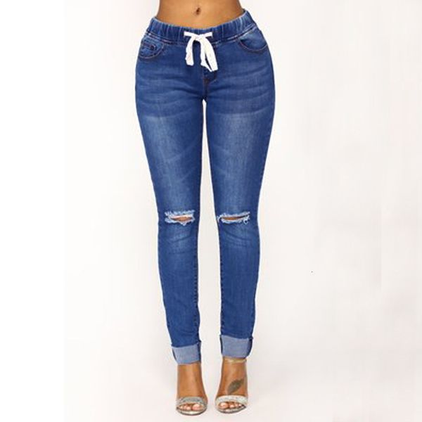 

jean cotton high hole casual jeans women solid color drawstring elastic waist stretch slim ripped lady denim pencil pants, Blue