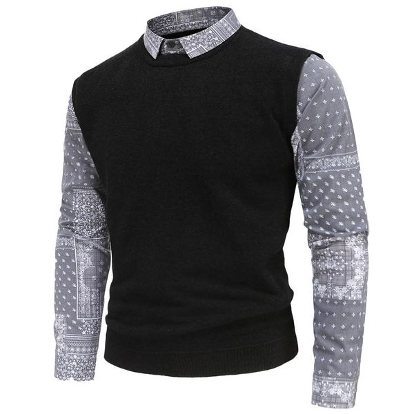 

men's sweaters men pullover sweetshirts autumn and winter british slim printed shirt business casual fake two-piece sweater office blou, White;black