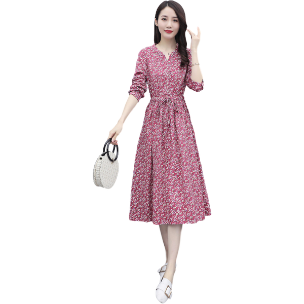 

casual dresses autumn winter women korean 2021 wholesale arrival fashion loose long-sleeved lace-up waist printed mid-length cotton and lin, Black;gray