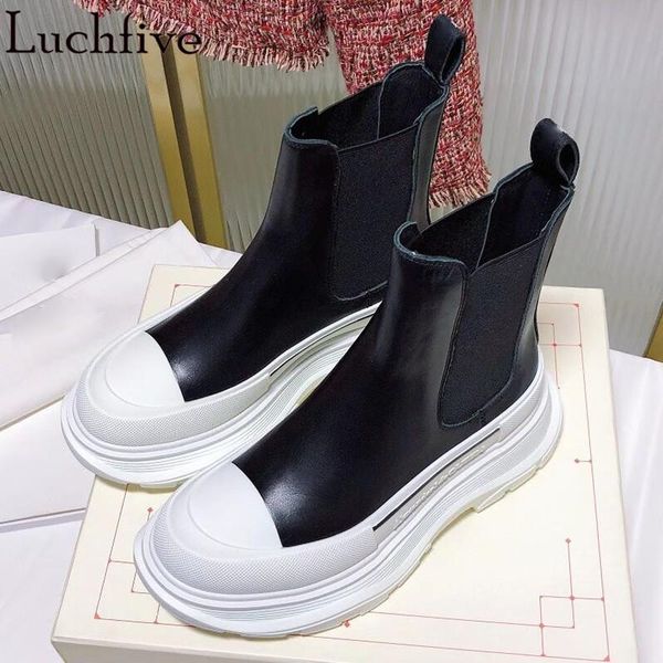 

boots patchwork genuine leather ankle round toe shoes woman thick sole wedges short big size black white botas mujer