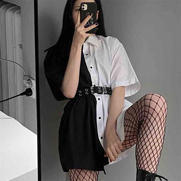 Streetwear Preto Branco Branco Blusa Longa Camisa Patchwork Contraste Cor Moda Mulheres Blusas Tops Solto Cardigan Sale 210518