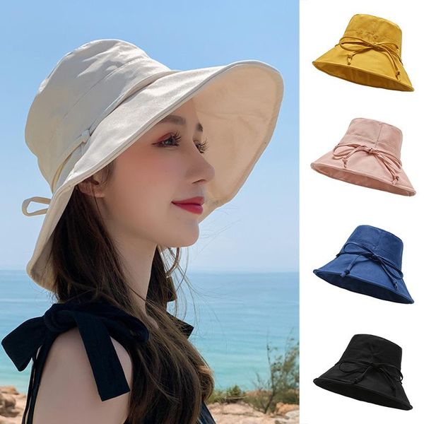 

wide brim hats fashion women summer sun solid color adjustable cotton blended large with bowknot outdoor protection cap, Blue;gray