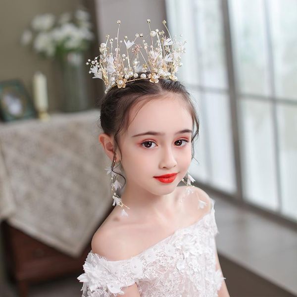 

hair clips & barrettes gold tiara crown with earrings sets girls kids handmade diadems pearls crystal headpiece veil ornaments party gift, Golden;silver