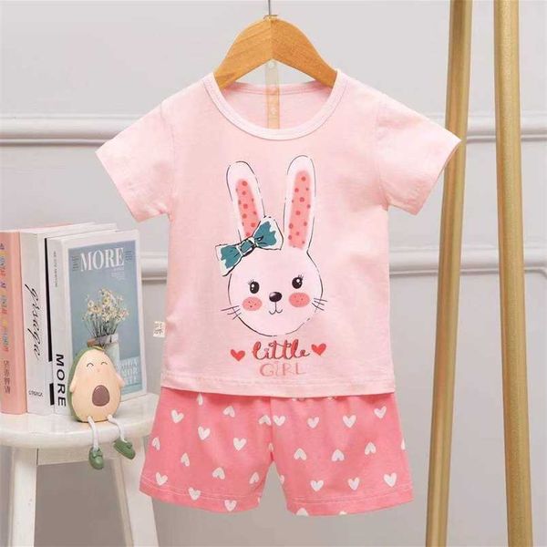 

summer cotton children's pajamas short sleeve t-shirt shorts clothes for teens girl clothing cartoon boy nightgown home service 211109, Blue;red