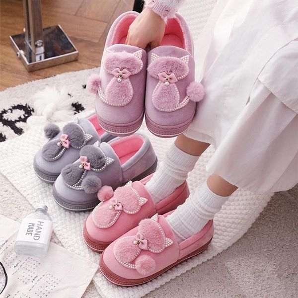 

women cute warm slippers men carton home shoes winter plush indoor female flat shollow thick heels, Black