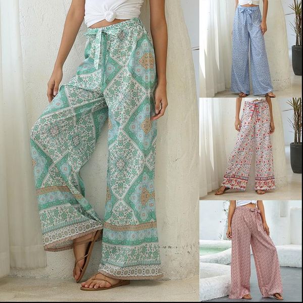 

fashion bohemian floral print long womens capris mid waist vintage elastic boho beach trousers plus size, Black;white