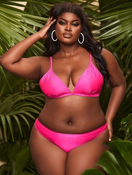 

plus solid bikini swimsuit i1m6#, Black