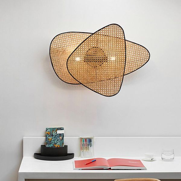 

wall lamp modern art leaf grid rural head made rattan led retro restaurant bedroom bedside aisle decor sconce lighting