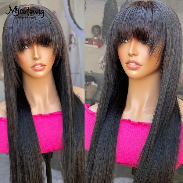 

lx brand brazilian straight wig with bangs fringe bob human hair wig for women remy glueless full machine made natural black fringe wigfacto