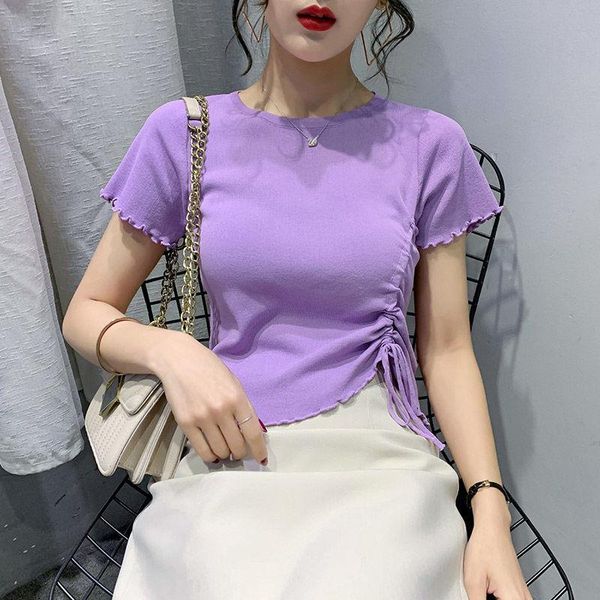 

women's t-shirt easycore girl side drawstring crop pure cotton edge, White