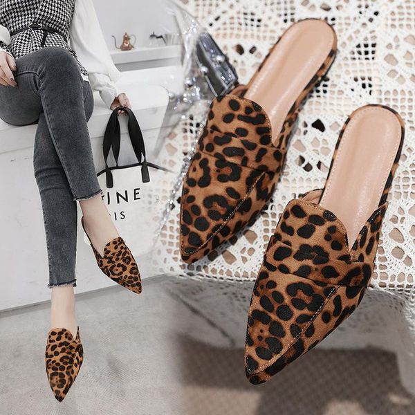 

slippers flock mules shoes woman floral leopard home slides flat sandals pointed toe lady casual outdoor flipflops, Black