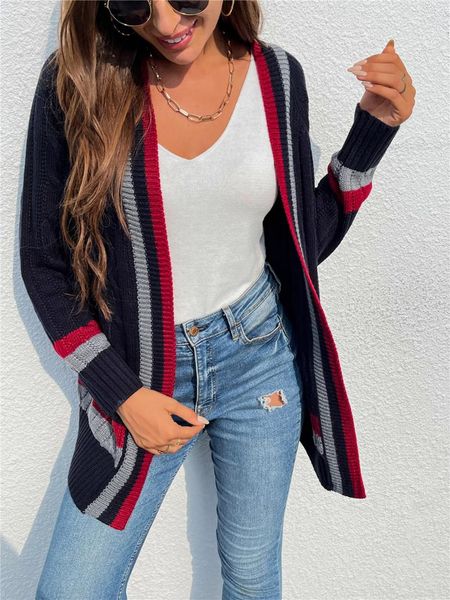 

women's knits & tees autumn women loose style cardigan 2021 casual lady variegated stripe pattern long sleeve knitwear white/ black col