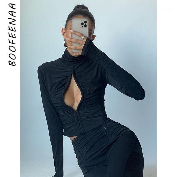 

women's t-shirt boofeenaa high neck button down cut out long sleeve crop streetwear women clothes harajuku mall goth woman tshirts c15-, White