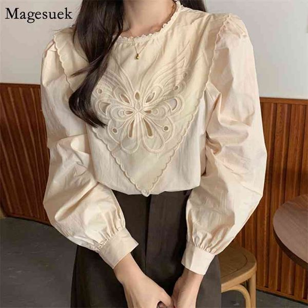 

long sleeve blouses women casual o-neck office lady lace solid blouse shirts spring embroidery white shirt female 13024 210512