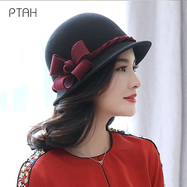 

stingy brim hats [ptah] fashion women wool hat autumn winter warm fedora ladies temperament british style vintage cap high quality, Blue;gray