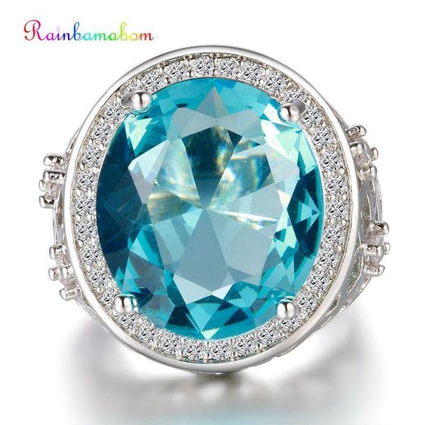 

cluster rings rainbamabom 925 solid sterling silver aquamarine gemstone wedding engagement ring fine jewelry gifst wholesale drop, Golden;silver