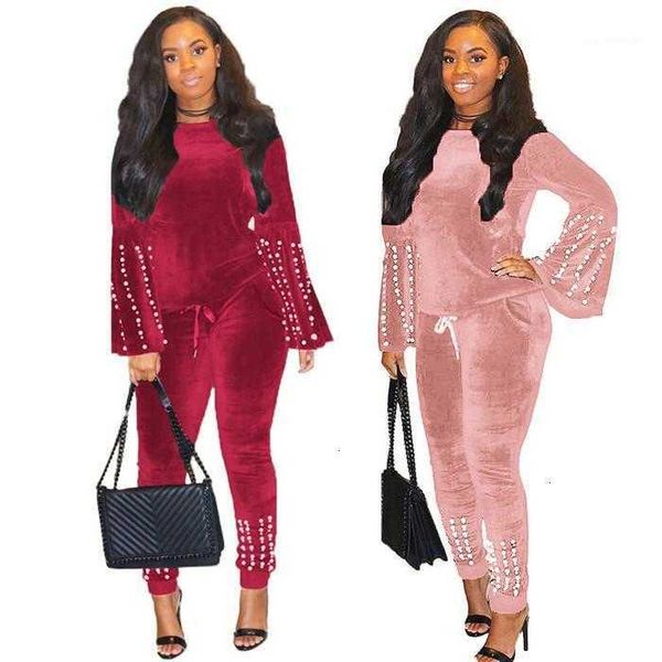 

women's two piece pants ladies crew neck fashion sets females casual suits womens flare sleeve spring trucsuit pearl decoration 2pcs p, White