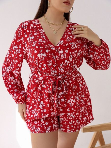 

plus ditsy floral surplice belted romper 61ek#, Black