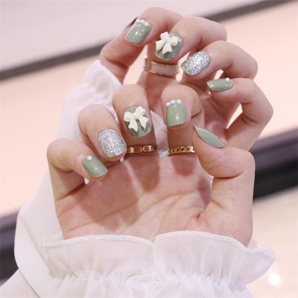 

false nails 24 pcs full set kawaii 3d pearl rosette rhinestone multicolor glitter green square short jelly glue gel stick on sxy-5, Red;gold