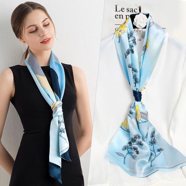 

scarves 100% pure silk skinny scarf for women twill ribbon 2021 long neckerchief printed headband, Blue;gray