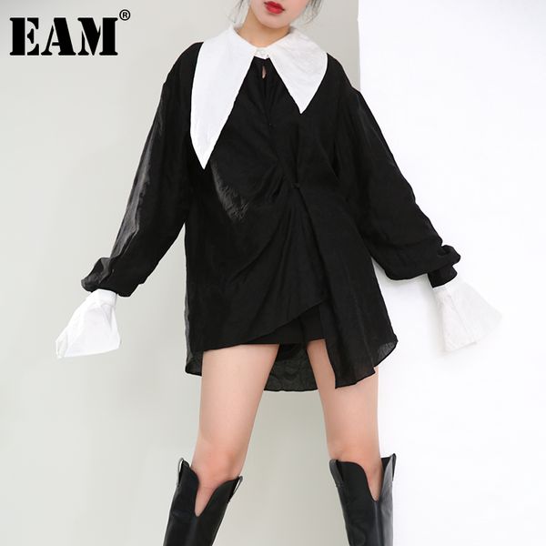 

[eam] women black bandage irregular pleated big size blouse lapel long sleeve loose shirt fashion spring autumn 1z46601 21512, White
