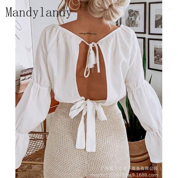 

women's blouses & shirts mandylandy summer backless lace up flared sleeves casual bandage solid color loose shirt, White
