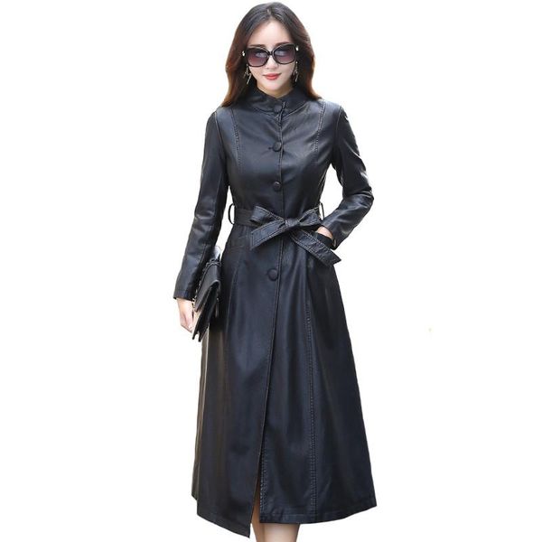 

women's leather & faux 2021 coat female windbreaker fashion x-long single breasted autumn jacket winter plus size 5xl, Black