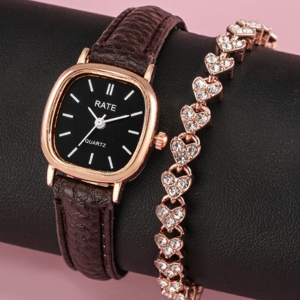 

wristwatches minimalist square watch women's quartz leather brown strap lady fine rhinestone bracelet birthday halloween gifts for wife, Slivery;brown