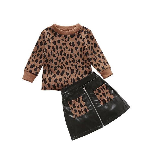 

clothing sets baby girl's two piece clothes set toddler's leopard round neck long sleeve pullover hip pocket skirt for kids, White