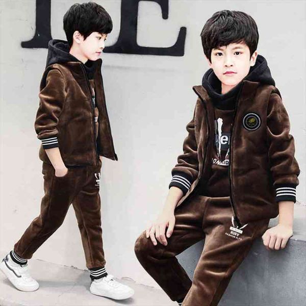 

boy three-piece fleece suit winter childrens winter velvet vest suits, White