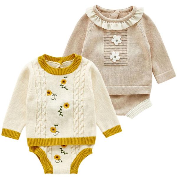 

autumn baby knitted suit infant girls knit long sleeve flower sweater + shorts clothing sets kids girl clothes 0-3yrs, White